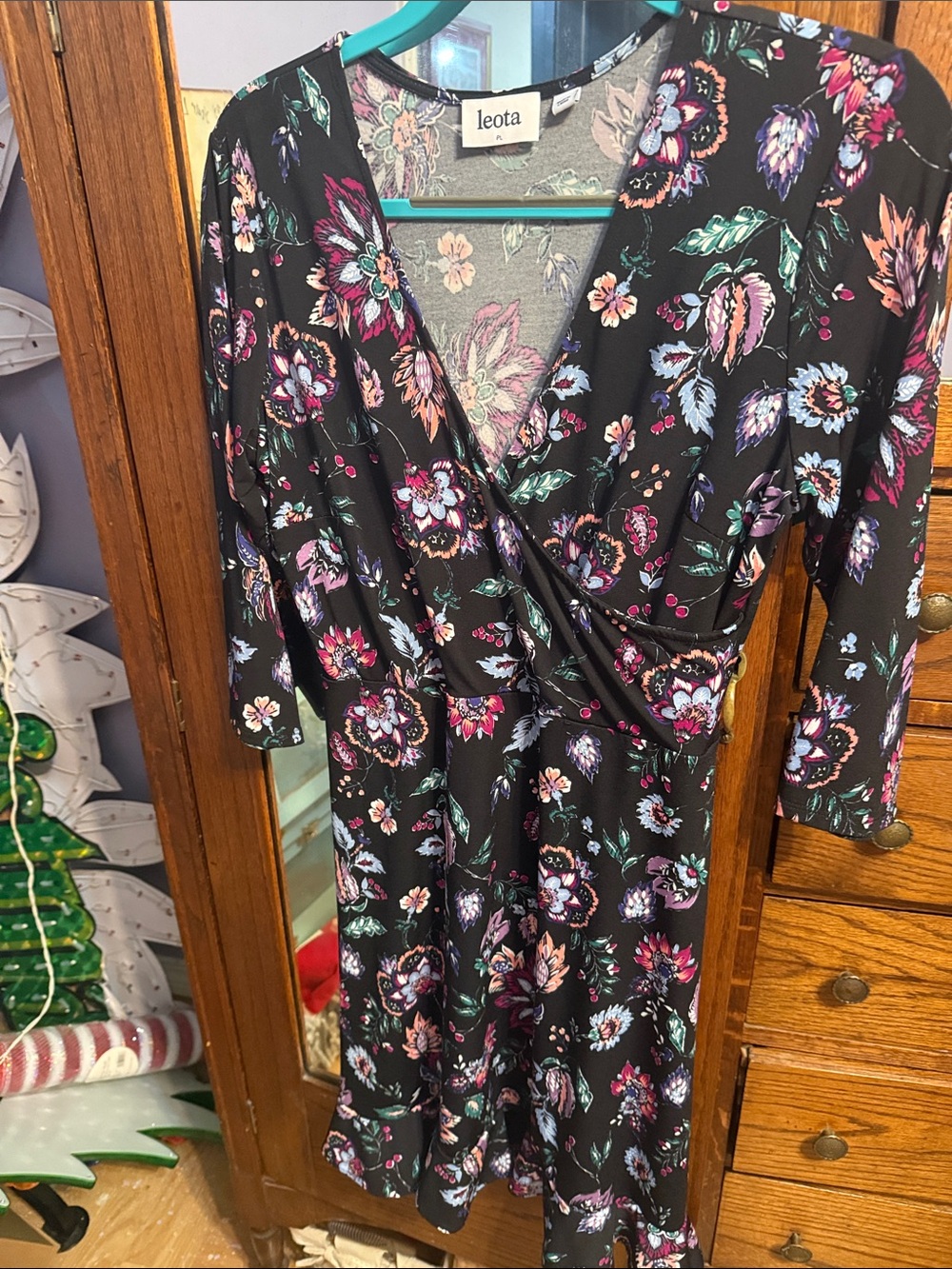 Leota Black Floral Wrap-Style Dress with Pink and Teal Accents